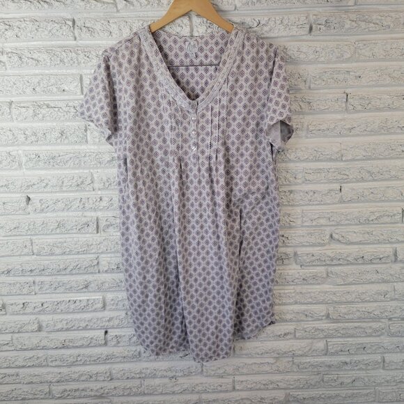 Aria Womens Nightgown 1X Plus Short Blue Geometric Lace Trim GEO234E - Picture 1 of 10